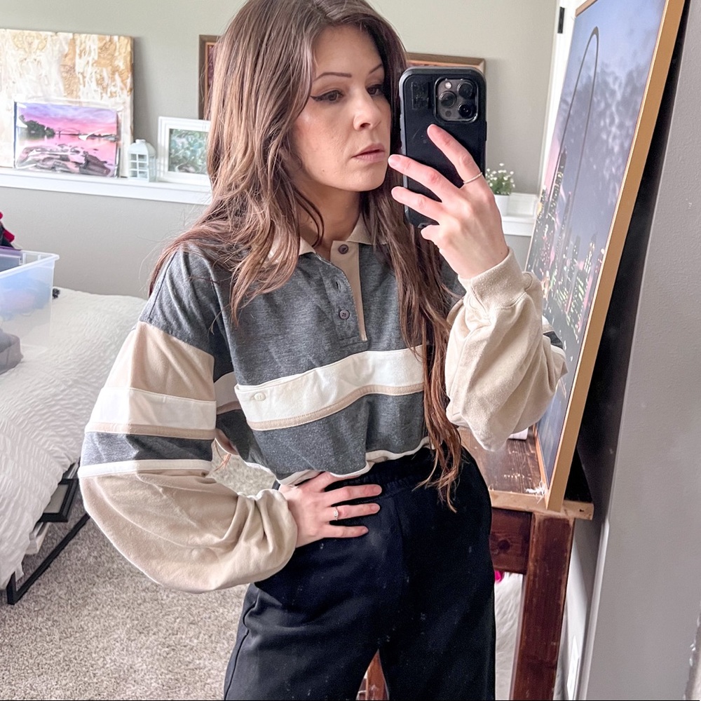 Vintage striped oversized polo collar long sleeve t tee shirt top sweatshirt 8